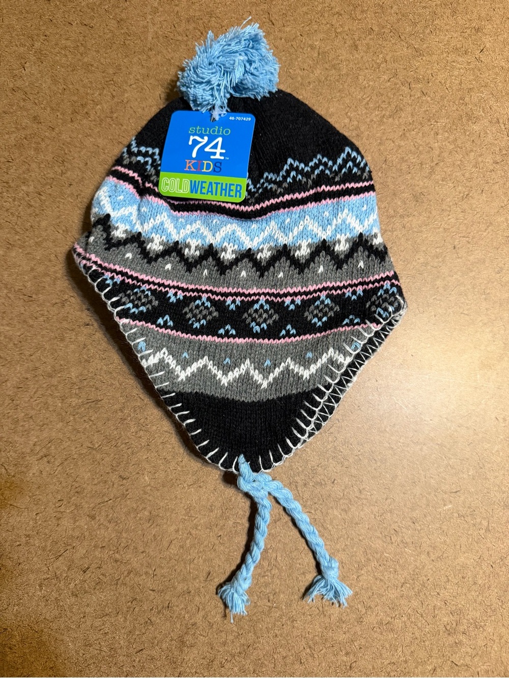 Cold Weather Earflap Beanie - Black & Light Blue Studio 74 Kids Brand New
